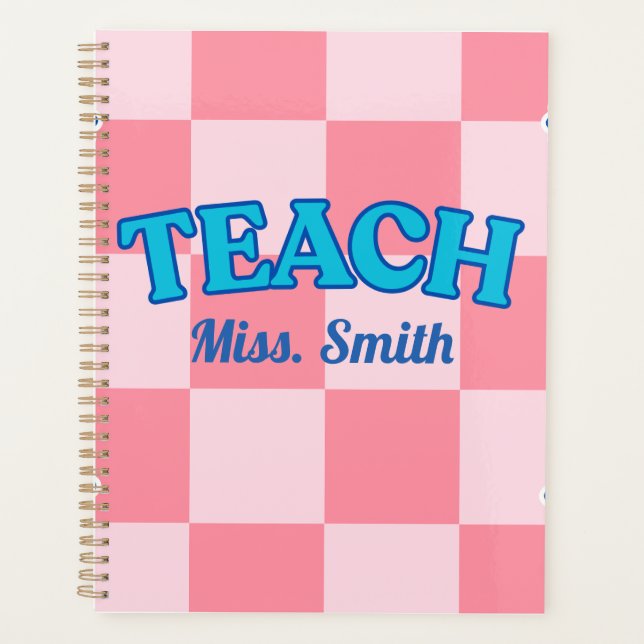 Customizable Blue and PinCheckered Teacher Planner Planer (Vorderseite)