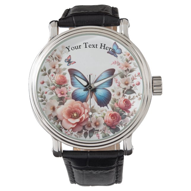 Customizable Blue Butterfly Floral Art-96279 Armbanduhr (Vorderseite)