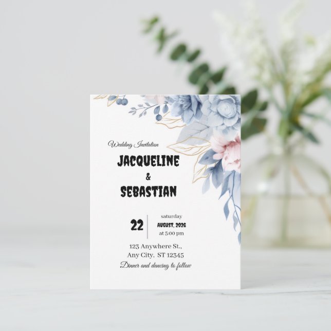 Customizable Blue Floral Wedding Einladung (Stehend Vorderseite)