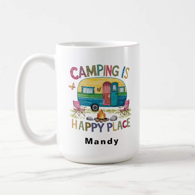 Customizable Camper "Camping is Happy Place" Kaffeetasse (Links)