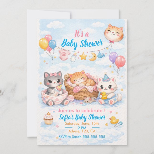 Customizable Cat-themed Baby Shower Invitation Einladung (Vorderseite)