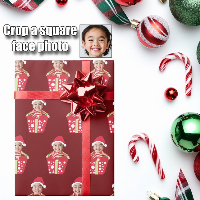 Customizable Children's Face Photo Red Christmas Geschenkpapier (Von Creator hochgeladen)
