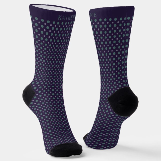 Customizable Dark Navy Blue Green Polka Dot Design Socken (Gewinkelt)