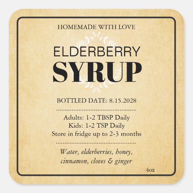 Customizable Elderberry Syrup Label ZEB_04a Quadratischer Aufkleber (Vorderseite)