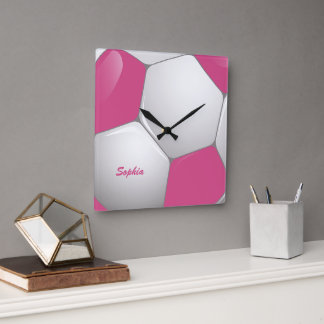 Customizable Football Soccer Ball Pink and White Quadratische Wanduhr