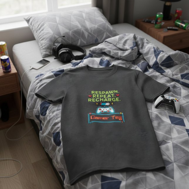 Customizable Gamer Tag "Respawn Repeat Recharge"  T-Shirt (Von Creator hochgeladen)