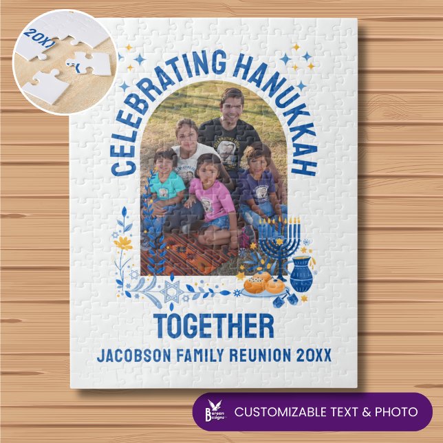 Customizable HANUKKAH FAMILY WIEDERSEHEN Souvenir Puzzle (CELEBRATING HANUKKAH TOGETHER jigsaw with customizable text and photo. Ideal Chanukah gift.)