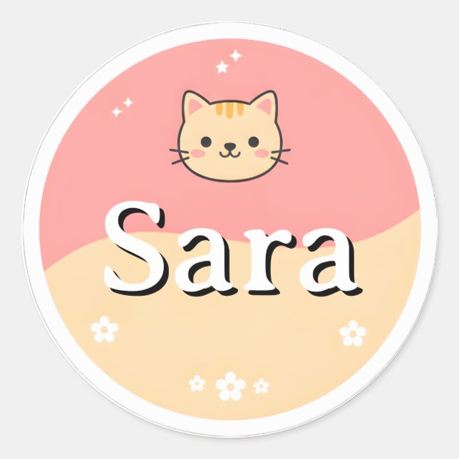 Customizable Kids Name Sticker – Cute Cat Design (Vorderseite)