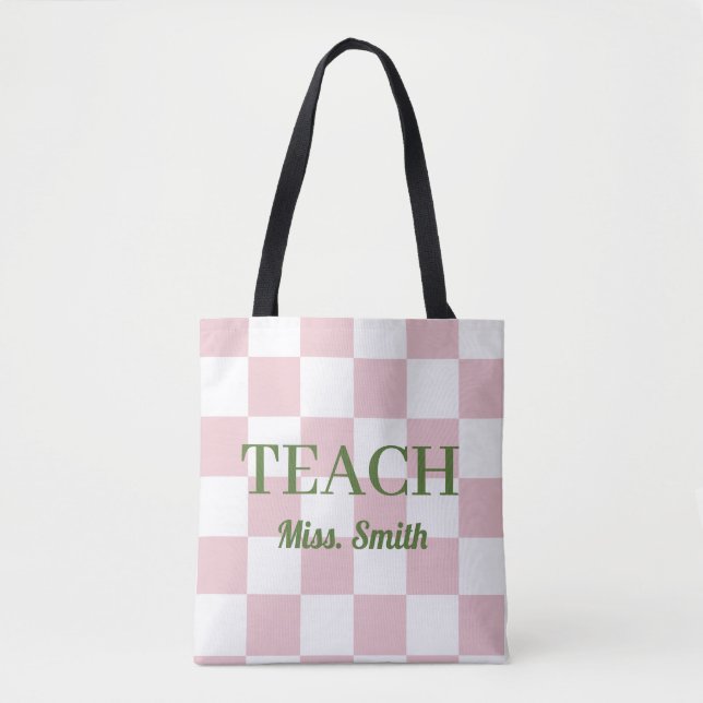 Customizable Name Teach Tote Cute Pink Checkered (Vorderseite)