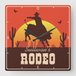Customizable NAME Western Cowboy Bull Rider Rodeo  Quadratische Wanduhr