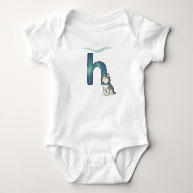 Customizable Northern Lights Letter H Husky Puppy Baby Strampler (Vorderseite)