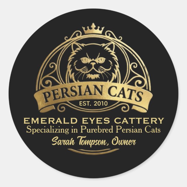 Customizable Persian Cattery Elegant Gold Design Runder Aufkleber (Vorderseite)
