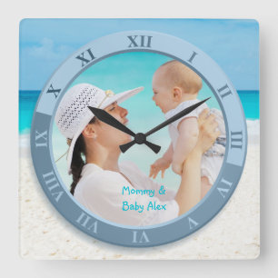 Customizable Photo Clock Coastal Beach Blue Sea Quadratische Wanduhr