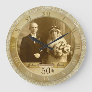 Customizable Photo Clock Gold Damask Roman Numeral Große Wanduhr
