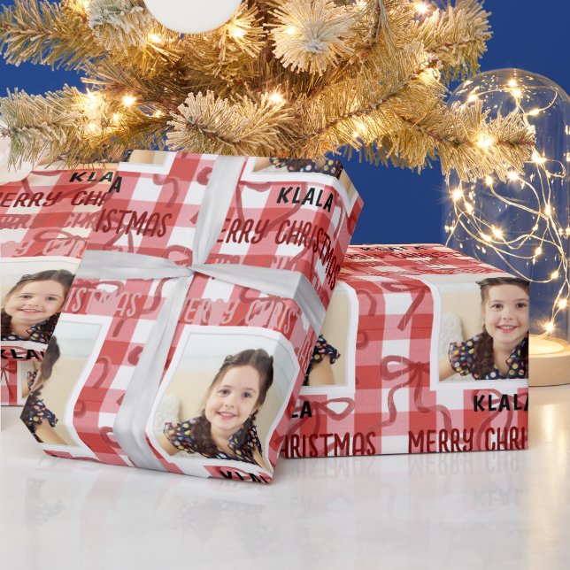 Customizable Photo & Name Christmas Check Ribbon Geschenkpapier (Feiertage)