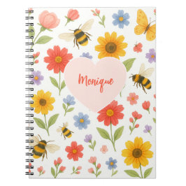 Customizable Pink Orange Floral and Bee Pattern Notizblock