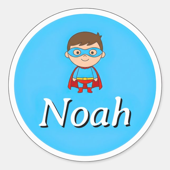 Customizable Round Kids Name Sticker – Superhero  (Vorderseite)