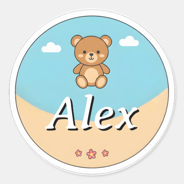 Customizable Round Kids Name Sticker – Teddy Bear (Vorderseite)