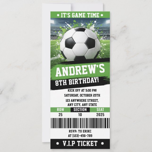 Customizable Soccer Printable Ticket Birthday Einladung (Vorderseite)