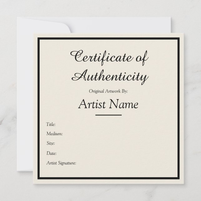 Customizable Square Certificate of Authenticity Mitteilungskarte (Vorderseite)