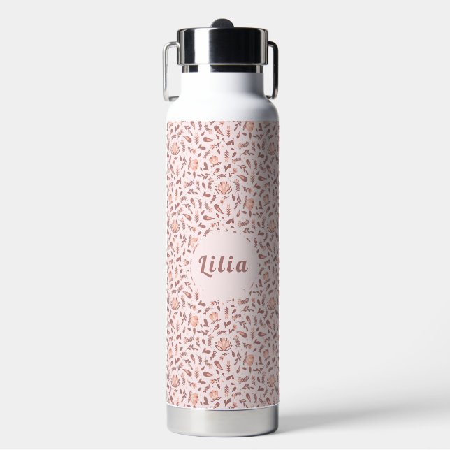 Customizable Water Bottle, Pink Floral Design Trinkflasche (Vorderseite)