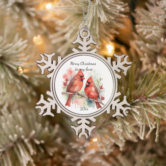 Customize Dated Cardinal to my Love Schneeflocken Zinn-Ornament (Baum)