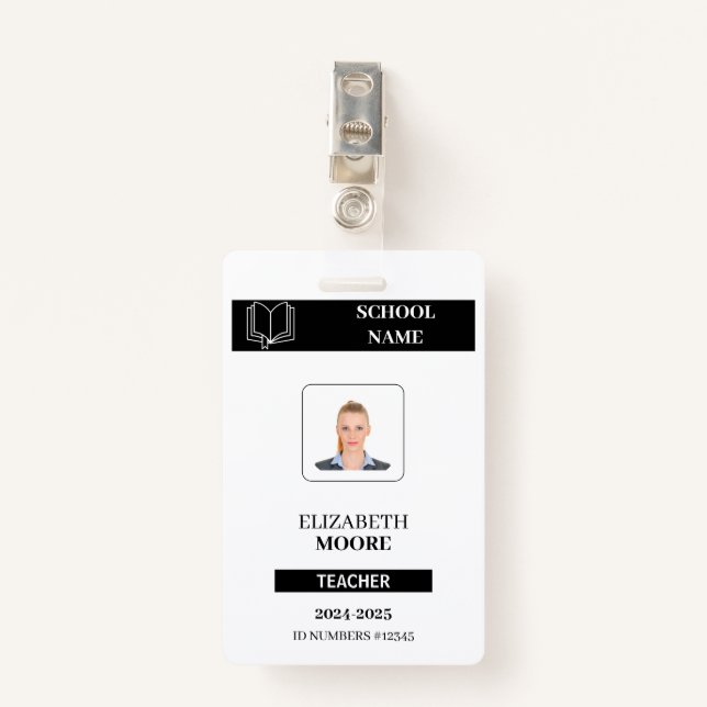Customized black ID badge for teachers Ausweis (Vorderseite mit Klammer)
