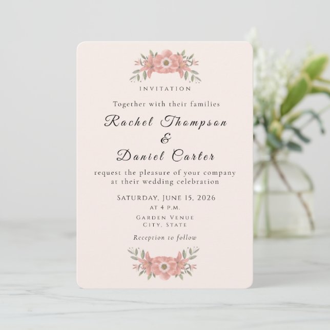 Customized Blush Pink Garden Floral Wedding  Einladung (Stehend Vorderseite)