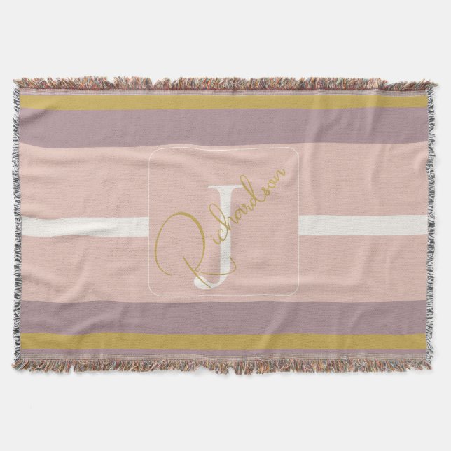 Customized Blush Pink Gold Stripe Monogram Chic  Decke (Vorderseite)