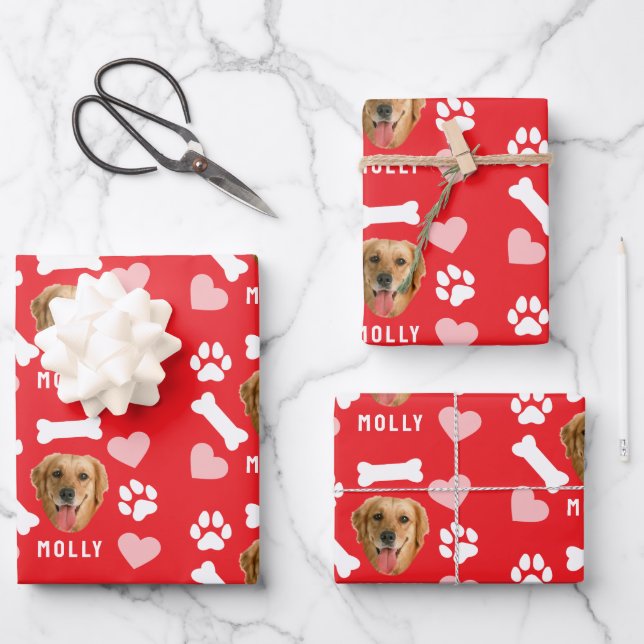 Customized Dog Pet Photo & Name Pink Red Hearts Geschenkpapier Set (Vorderseite)