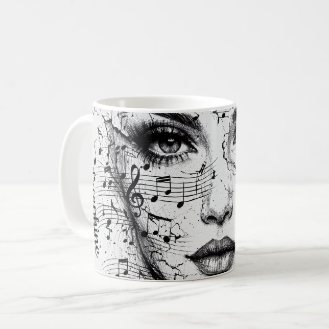 Customized Music Sheet Face Art Black White Artist Kaffeetasse (Vorderseite Links)