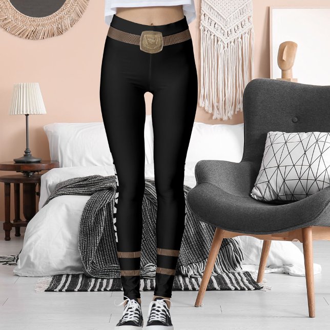 Customized Pet Lover Brown Belt Brass Buckle Black Leggings (Von Creator hochgeladen)