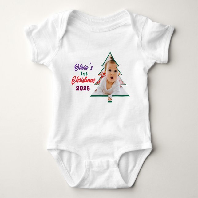 Customized Photo Olivia's 1st Christmas Tree  Baby Strampler (Vorderseite)