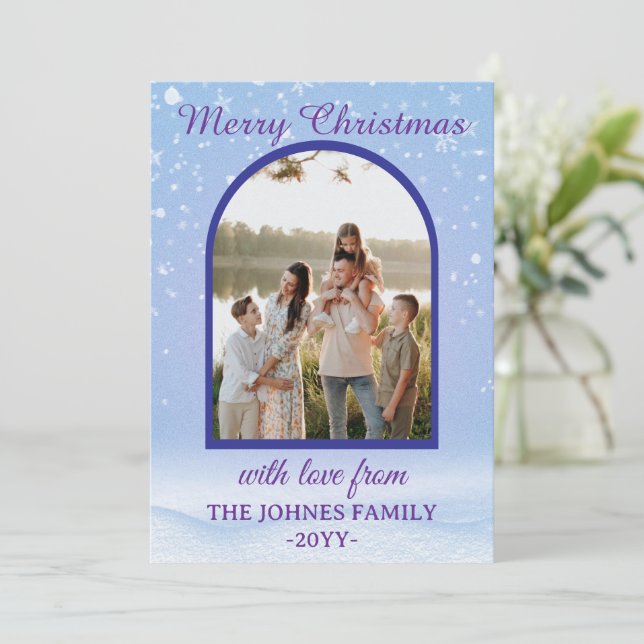 Customized Purple Merry Christmas Photo  Feiertagskarte (Stehend Vorderseite)