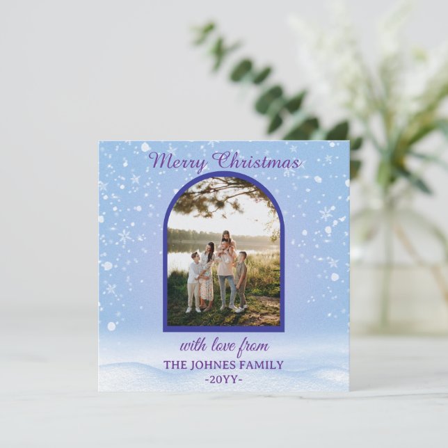 Customized Purple Merry Christmas Photo  Feiertagskarte (Stehend Vorderseite)