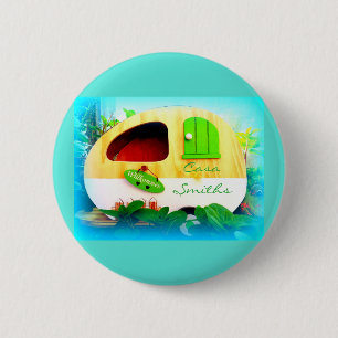 Customized Retro Vintage camper blue Button