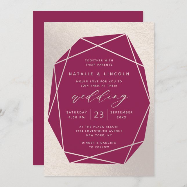 Cut Gemstone Magenta & Champagne Pink Foil Wedding Einladung (Vorne/Hinten)