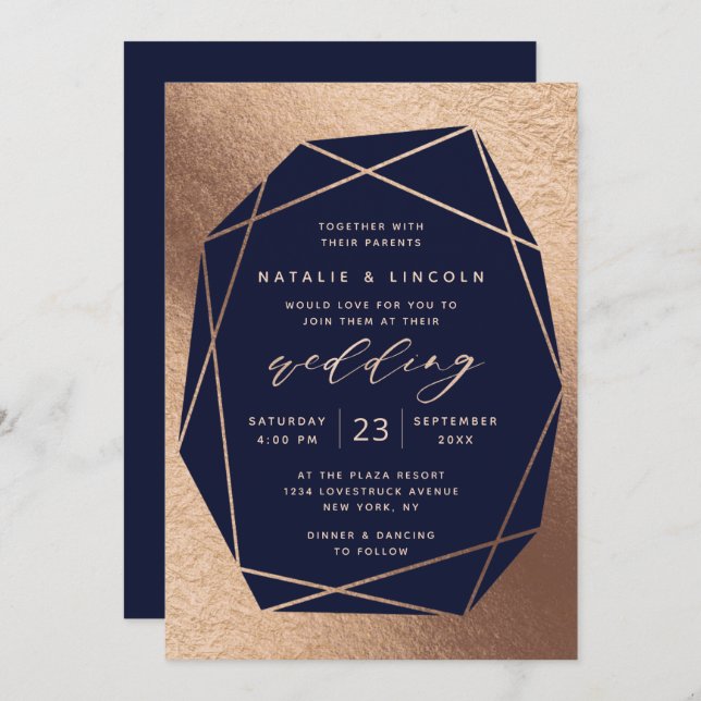 Cut Gemstone Navy Blue & Copper Foil Hochzeit Einladung (Vorne/Hinten)