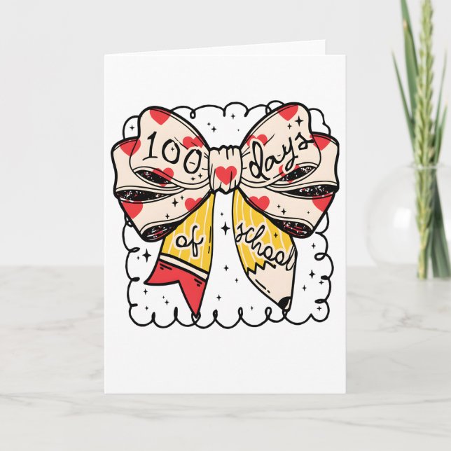 Cute 100 Days Of School Bow Pencil Classroom Karte (Vorderseite)