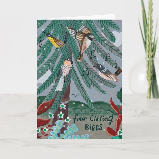 Cute 12 days of Christmas four calling birds Karte (Vorderseite)