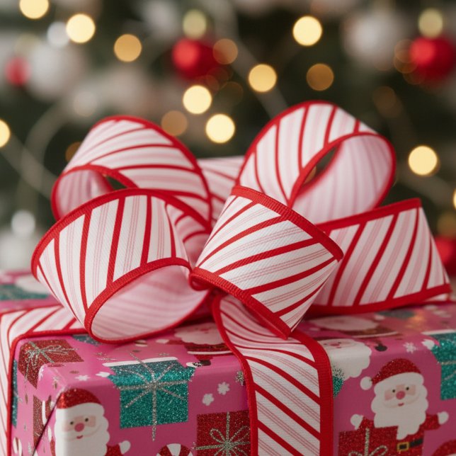 Cute 1.5" Red and Pink Candy Cane Striped Xmas Ripsband (Cute Red and Pink Candy Cane Stripes Festive Christmas Ribbon for Her. Trendy Pinstripe Xmas Pattern)