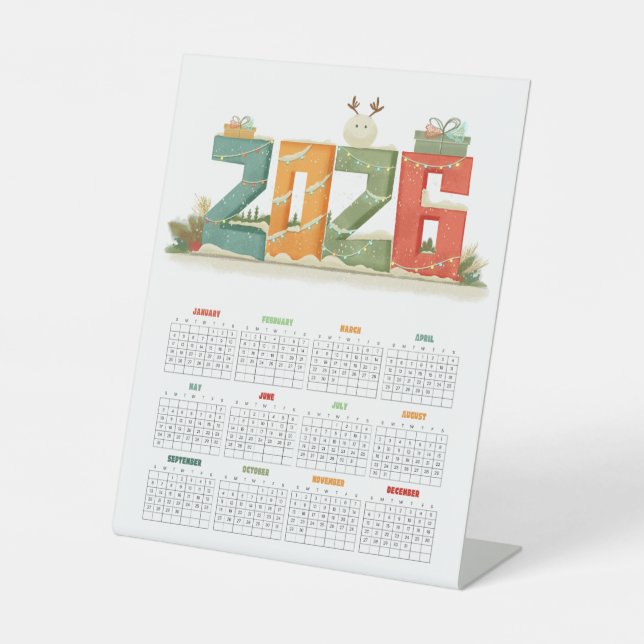 Cute 2026 New Year Snowman & Gifts Desk Sockelschild (Vorderseite)