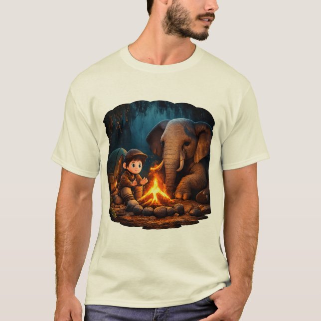 “Cute 3D Boy & Elephant Campfire Sticker in Dark J T-Shirt (Vorderseite)