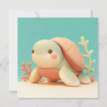 Cute 3D Clay Sea Turtle with Orange Coral Postcard