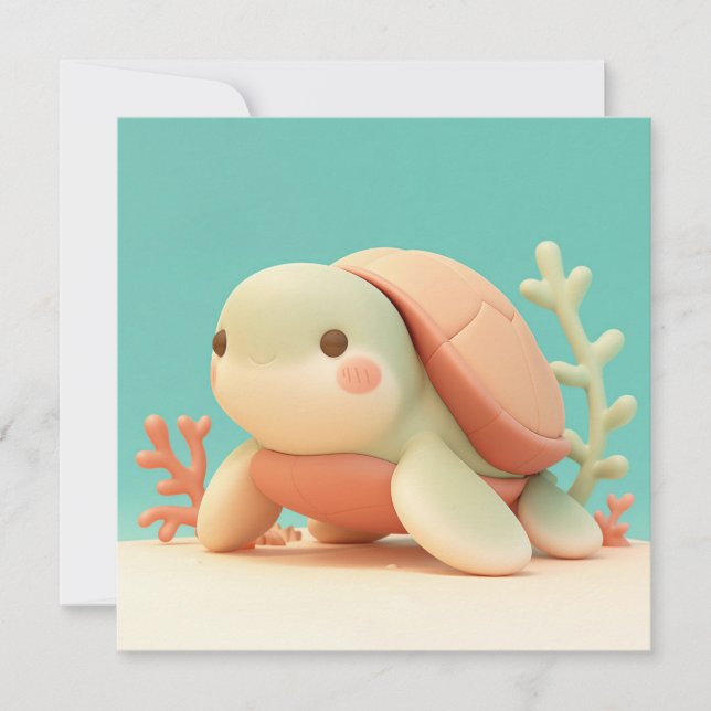 Cute 3D Clay Sea Turtle with Orange Coral Postcard (Vorderseite)