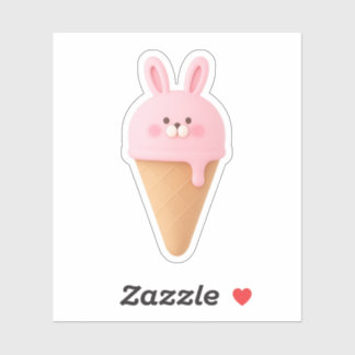 Cute 3D Pink Bunny Ice Cream Cone Sticker