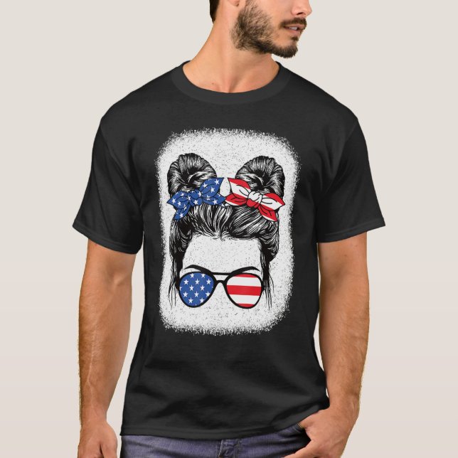 Cute 4th Of July Messy Bun Girl American Flag Patr T-Shirt (Vorderseite)