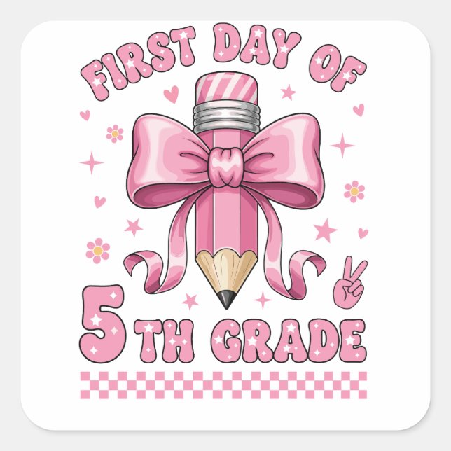 Cute 5th Grade Girl Pink Bow Groovy Pencil Design Quadratischer Aufkleber (Vorderseite)