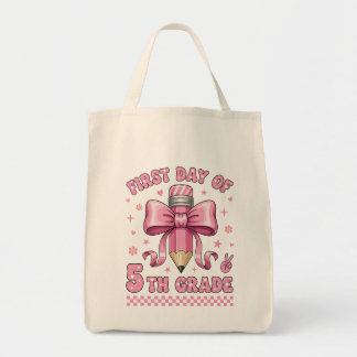 Cute 5th Grade Girl Pink Bow Groovy Pencil Design Tragetasche