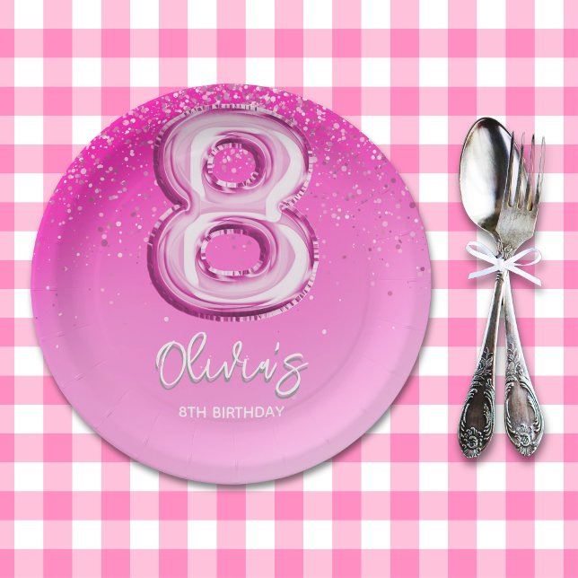 Cute 8th Birthday Girl Number Balloon Pappteller (Von Creator hochgeladen)